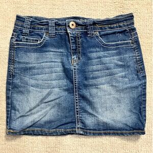 Blue‎ Epic Denim Mini Skirt Embroidered Pockets Stretch Casual Blue Size 6